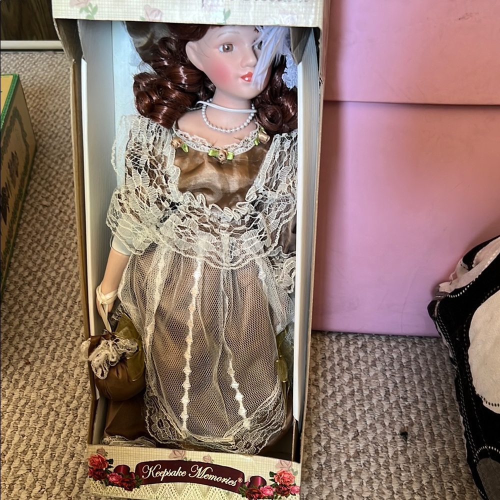 Victorian-Style Doll in Brown and White Dress